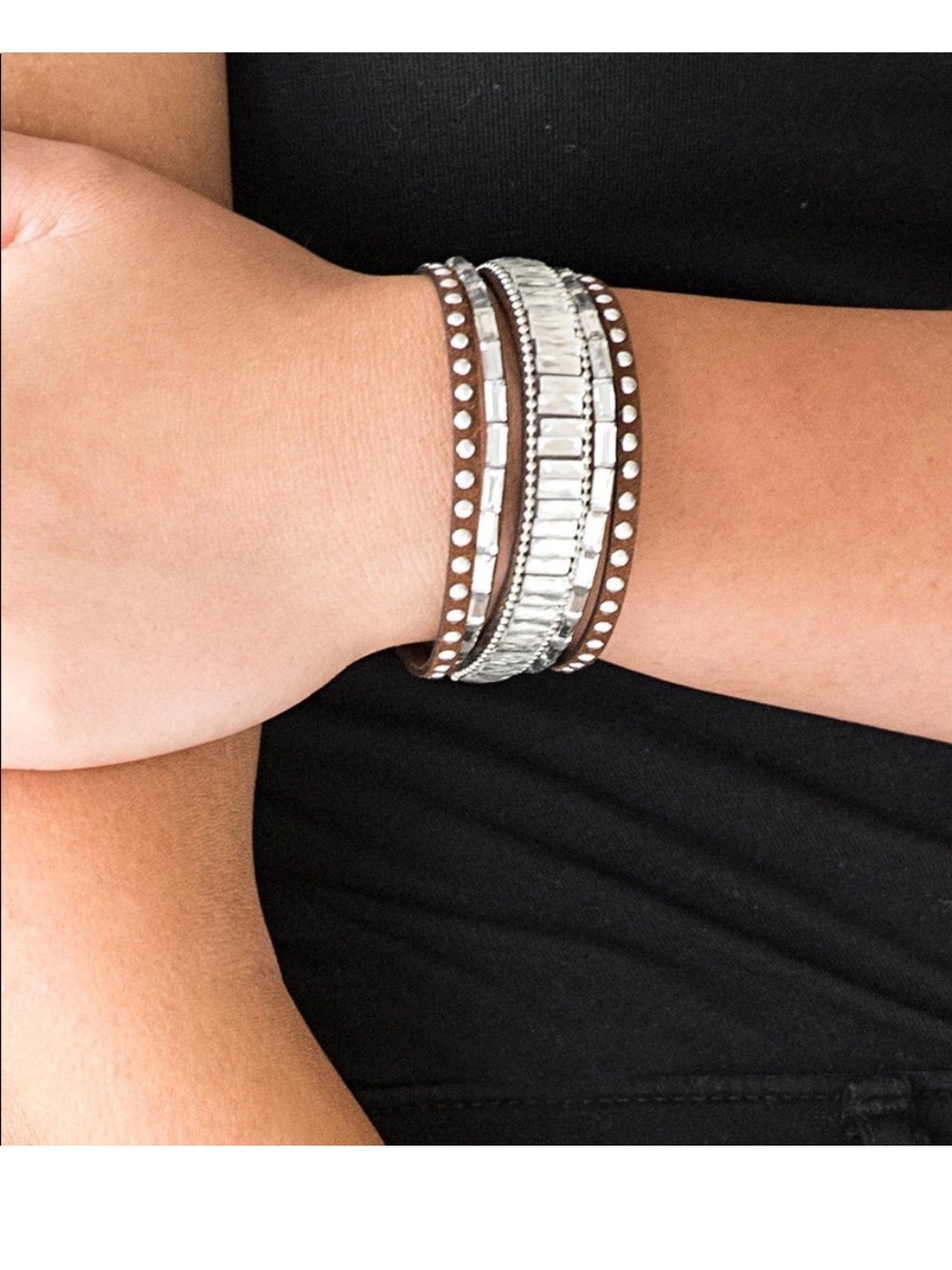 Paparazzi Brown Faux Leather Wrap Cuff Bracelet Rhinestone Stud Snap Rocker NEW